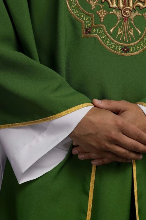 Green Chasuble with IHS and PAX embroidery — close-up detail