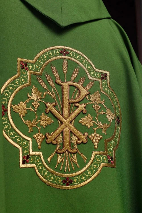 Green Chasuble with IHS and PAX embroidery — collar detail