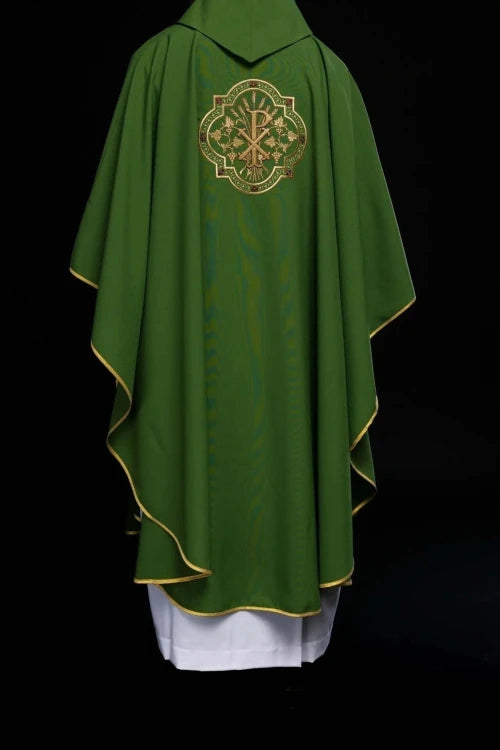 Green Chasuble with IHS and PAX embroidery — fabric detail
