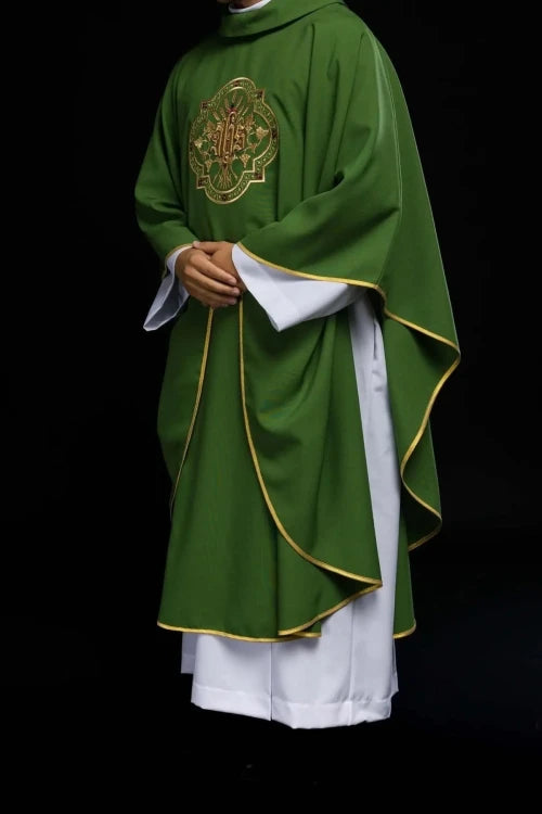 Green Chasuble with IHS and PAX embroidery — vestment detail