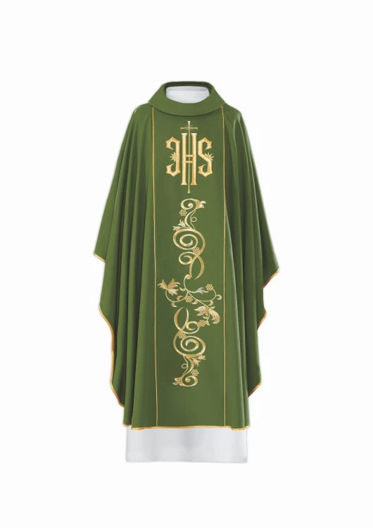 Green Chasuble with IHS embroidery and wide decorative band — front view