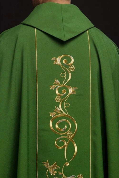 Green Chasuble with IHS embroidery and wide decorative band — side view