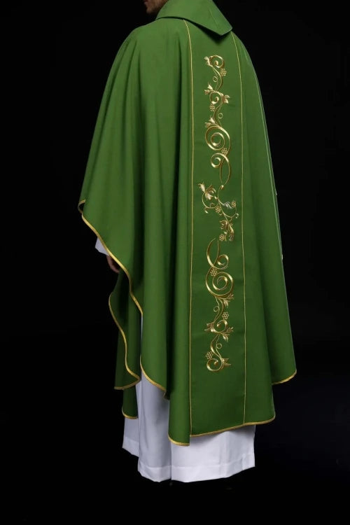 Green Chasuble with IHS embroidery and wide decorative band — collar detail