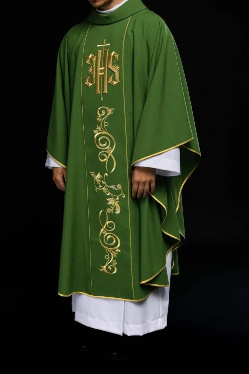 Green Chasuble with IHS embroidery and wide decorative band — fabric detail