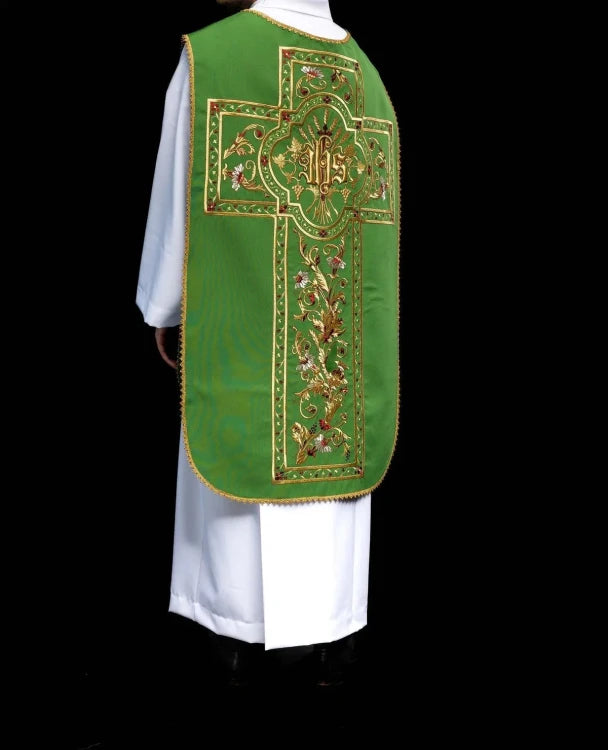 Green Chasuble with IHS embroidery in Roman style — front view