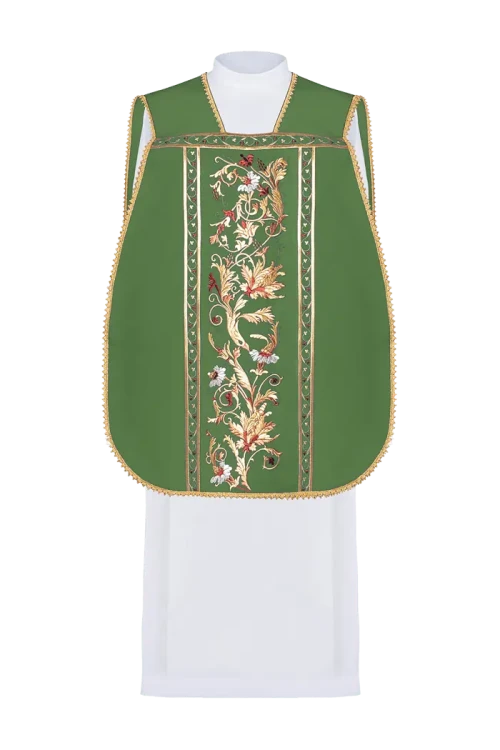 Green Chasuble with IHS embroidery in Roman style — full view