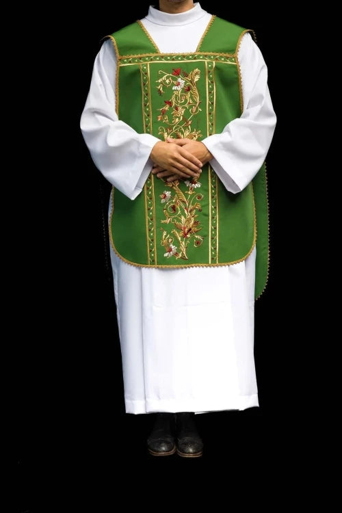 Green Chasuble with IHS embroidery in Roman style — back view