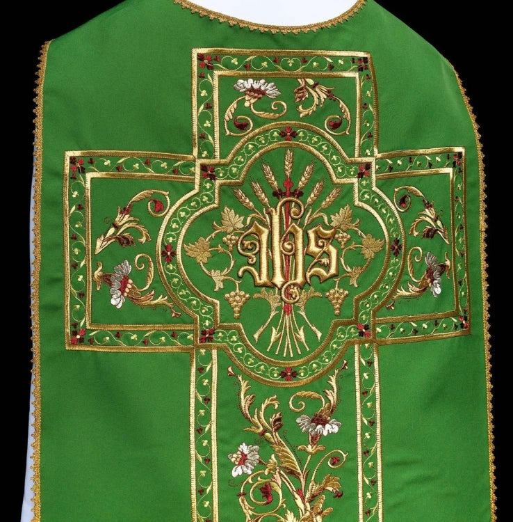 Green Chasuble with IHS embroidery in Roman style — close-up detail
