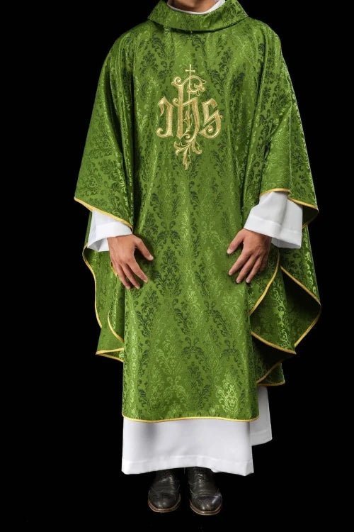 Green Chasuble with IHS embroidery on decorative fabric — full view