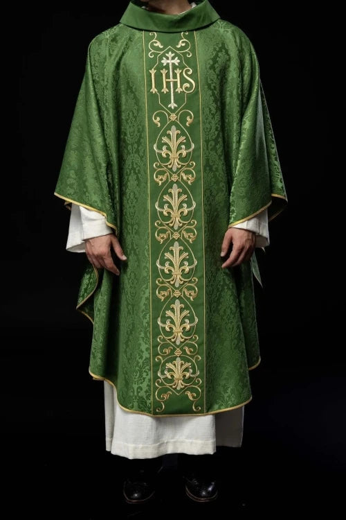 Green Chasuble with IHS embroidery on decorative fabric — full view