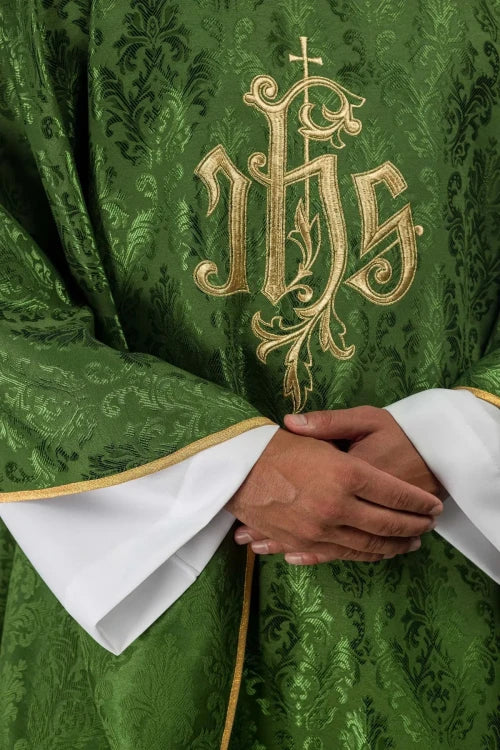 Green Chasuble with IHS embroidery on decorative fabric — back view