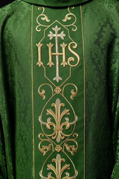 Green Chasuble with IHS embroidery on decorative fabric — back view