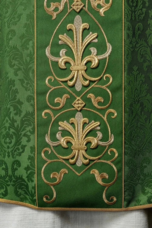 Green Chasuble with IHS embroidery on decorative fabric — side view