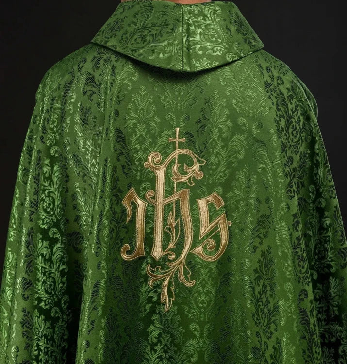 Green Chasuble with IHS embroidery on decorative fabric — collar detail