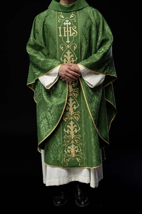Green Chasuble with IHS embroidery on decorative fabric — additional view