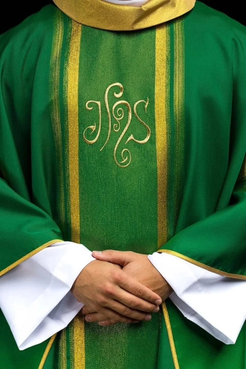 Green Chasuble with IHS embroidery with gold-coloured accents — front view