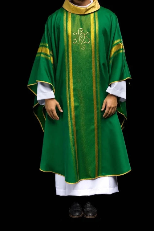 Green Chasuble with IHS embroidery with gold-coloured accents — full view