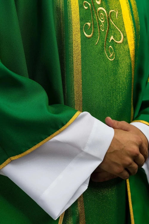 Green Chasuble with IHS embroidery with gold-coloured accents — back view