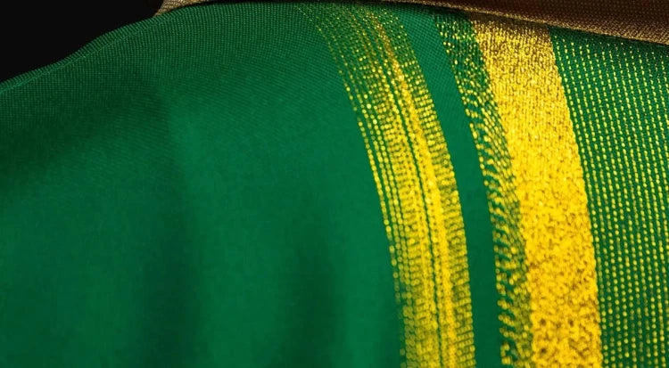 Green Chasuble with IHS embroidery with gold-coloured accents — side view