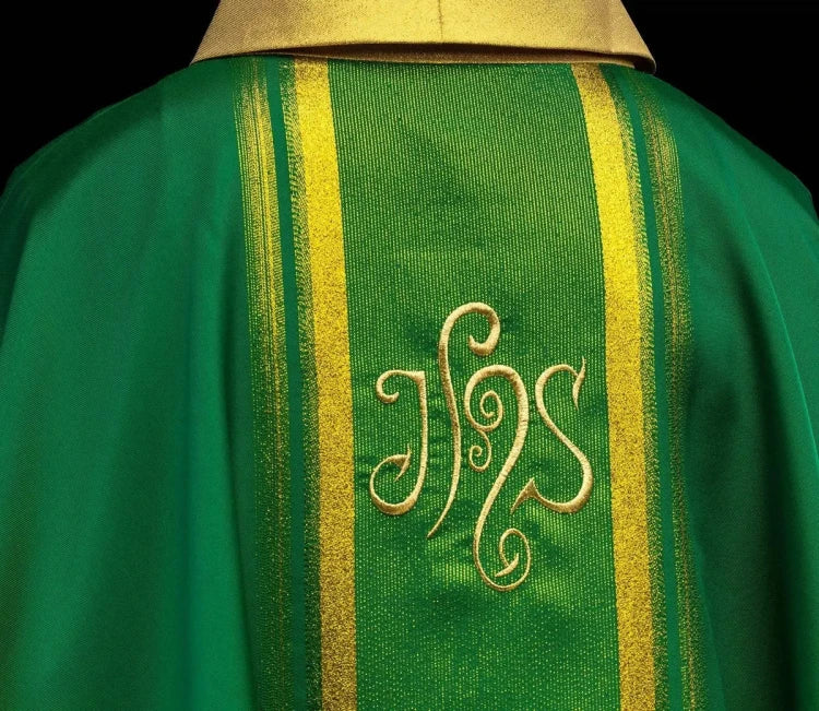 Green Chasuble with IHS embroidery with gold-coloured accents — collar detail