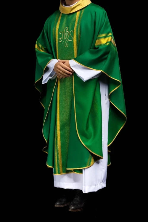 Green Chasuble with IHS embroidery with gold-coloured accents — vestment detail