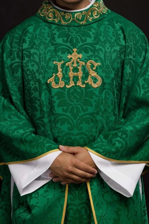 Green Chasuble with IHS motif and richly embroidered collar — front view
