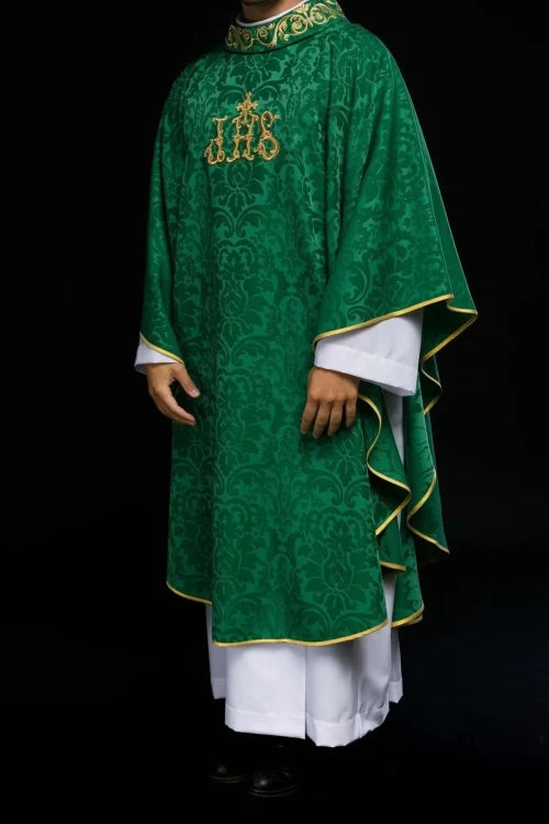 Green Chasuble with IHS motif and richly embroidered collar — full view