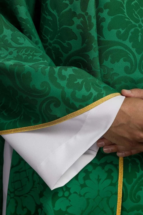 Green Chasuble with IHS motif and richly embroidered collar — back view