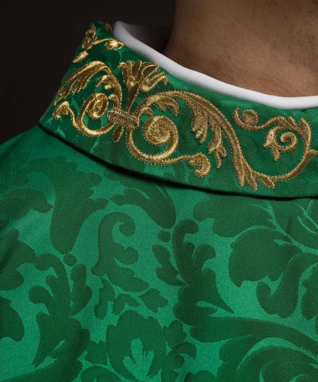 Green Chasuble with IHS motif and richly embroidered collar — close-up detail
