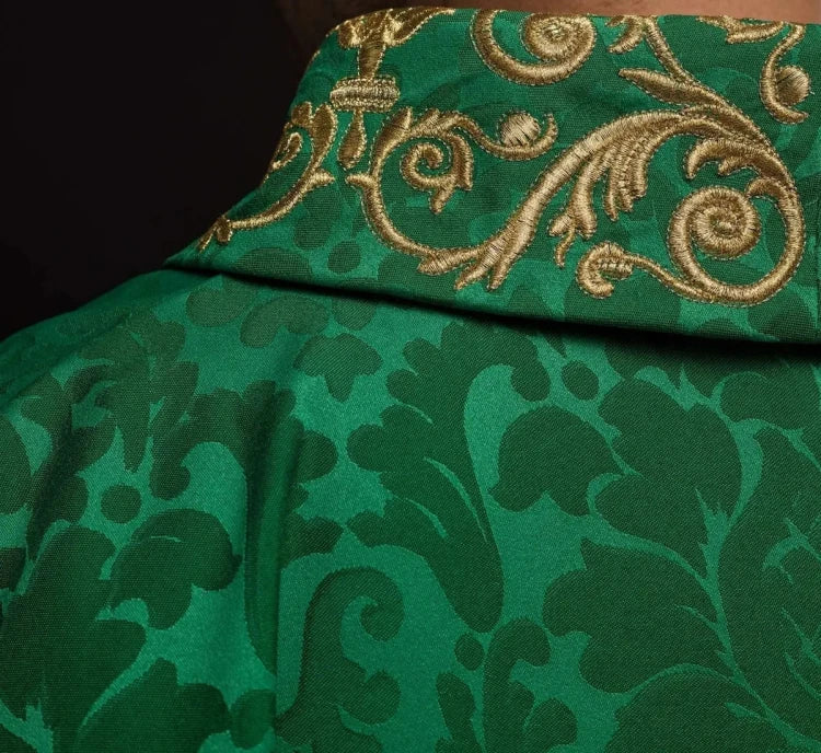 Green Chasuble with IHS motif and richly embroidered collar — side view