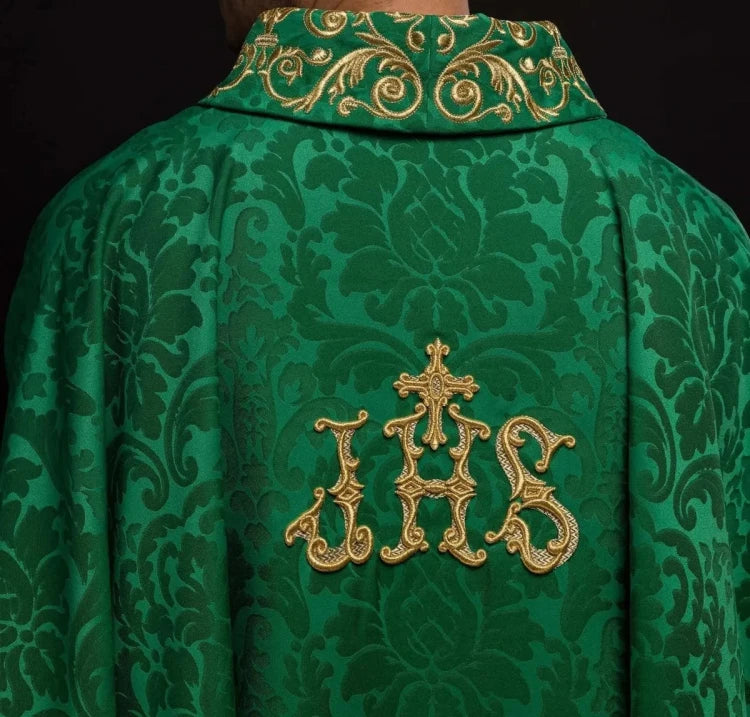 Green Chasuble with IHS motif and richly embroidered collar — collar detail