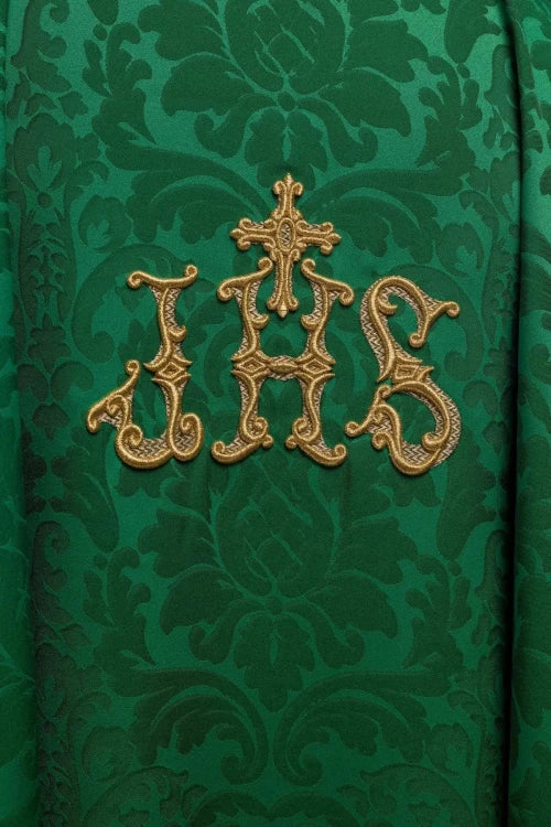 Green Chasuble with IHS motif and richly embroidered collar — fabric detail