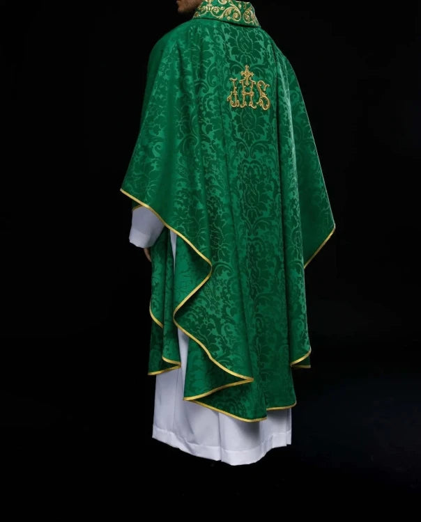 Green Chasuble with IHS motif and richly embroidered collar — vestment detail
