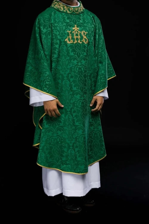 Green Chasuble with IHS motif and richly embroidered collar — additional view