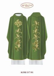 Green Chasuble with IHS, wheat and grape embroidery — front view