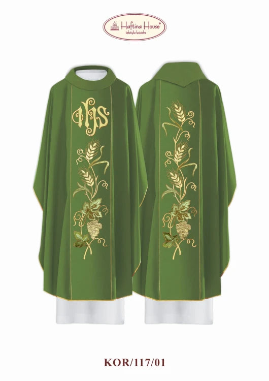 Green Chasuble with IHS, wheat and grape embroidery — front view