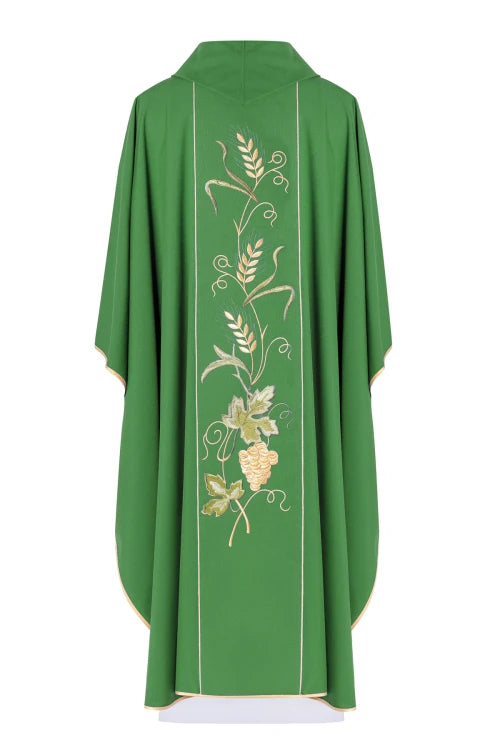 Green Chasuble with IHS, wheat and grape embroidery — full view