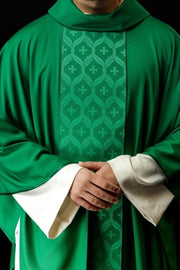 Green Chasuble with jacquard band with embroidered cross — front view