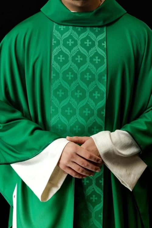 Green Chasuble with jacquard band with embroidered cross — front view