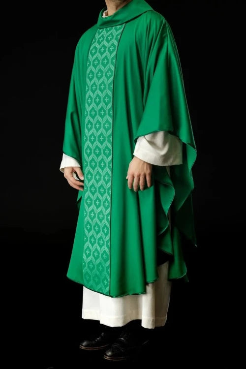 Green Chasuble with jacquard band with embroidered cross — full view