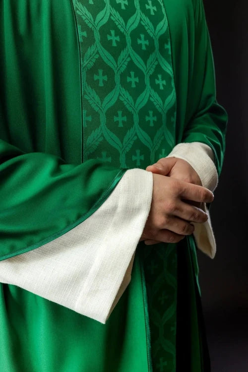 Green Chasuble with jacquard band with embroidered cross — back view
