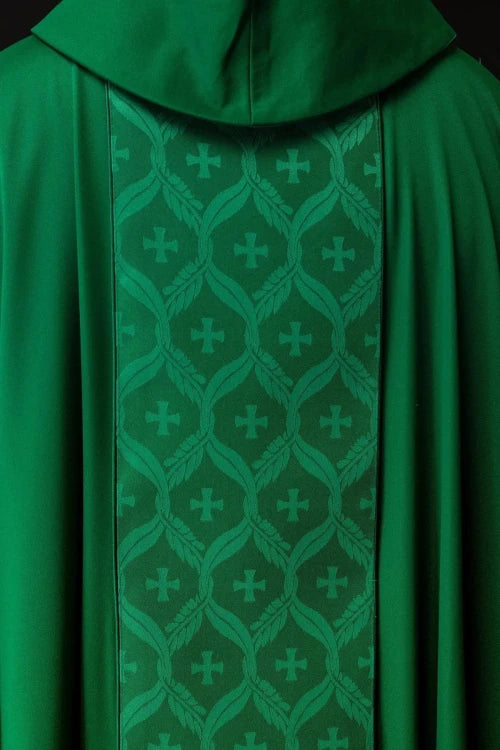 Green Chasuble with jacquard band with embroidered cross — close-up detail