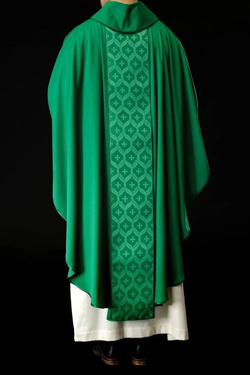 Green Chasuble with jacquard band with embroidered cross — side view