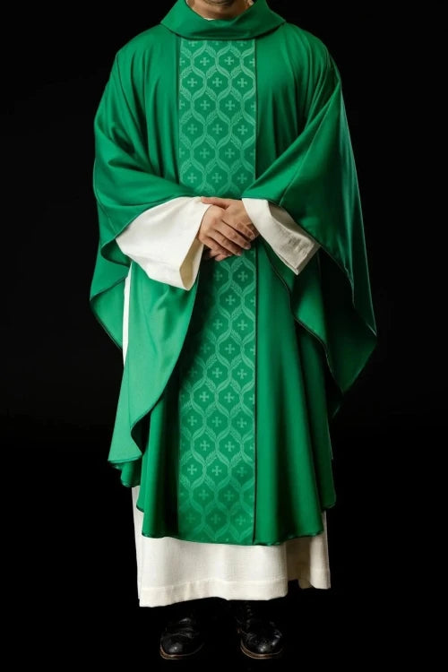 Green Chasuble with jacquard band with embroidered cross — collar detail