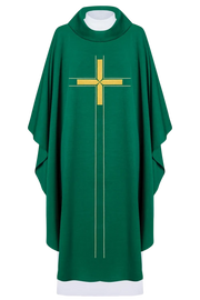 Green Chasuble with minimalist embroidered design — front view