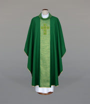 Green Chasuble with modern embroidery and decorative stones — front view