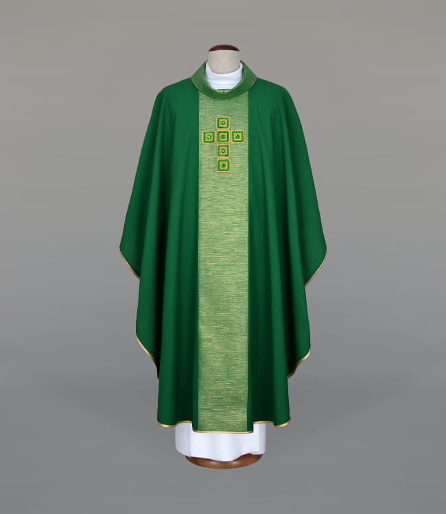 Green Chasuble with modern embroidery and decorative stones — front view