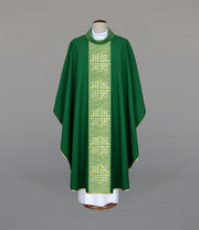 Green Chasuble with modern embroidery on a decorative panel — front view