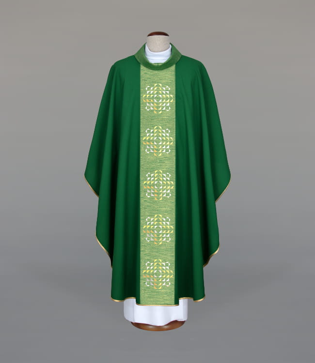 Green Chasuble with modern embroidery on a decorative panel — front view