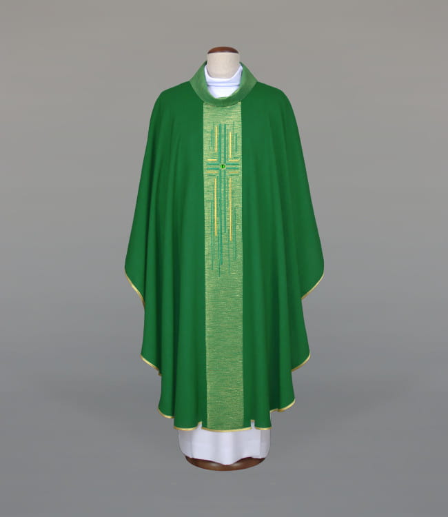 Green Chasuble with modern embroidery on a decorative panel – Variant II — front view